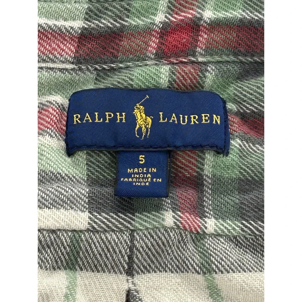 Ralph Lauren Boys Sz 5 Plaid Flannel Shirt Green Red Cotton Button Down Holiday
